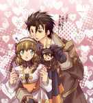  1girl :o alvin_(tales_of_xillia) black_gloves brown_eyes brown_hair character_name coat cravat detached_collar gloves green_eyes hairband heart heart_background itsuki_(platinum1228) leia_roland pink_background short_hair tales_of_(series) tales_of_xillia translation_request 