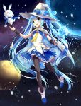  1girl aqua_eyes blue_hair cape drogoth hat hatsune_miku highres long_hair looking_at_viewer open_mouth pantyhose rabbit skirt snowflakes solo twintails very_long_hair vocaloid wand witch_hat 