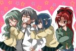  3girls anger_vein angry battle clenched_teeth closed_eyes crossed_arms eyes_closed jealous kamijou_kyousuke long_hair mahou_shoujo_madoka_magica maru_(092102040413) miki_sayaka multiple_girls pocky sakura_kyouko school_uniform shizuki_hitomi short_hair skirt star 