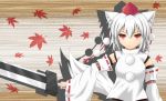  animal_ears baia colored detached_sleeves grey_hair hat inubashiri_momiji leaf looking_at_viewer red_eyes solo sword tail tokin_hat touhou weapon wolf_ears wolf_tail 