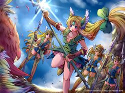  amazon bird blonde_hair blue_eyes blush boots bow breasts bridal_gauntlets cleavage dress hair_bow head_wings helmet long_hair low-tied_long_hair milan1000 multiple_girls open_mouth polearm riesz seiken_densetsu seiken_densetsu_3 spear very_long_hair weapon winged_helmet 