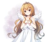  aisaka_taiga angel bare_shoulders bow brown_eyes brown_hair choker crown dress flat_chest hands_on_own_chest light_smile long_hair looking_at_viewer mauve sleeveless solo standing tiara toradora! very_long_hair white white_dress wings 