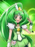  cure_march dress green green_background green_eyes green_hair highres long_hair magical_girl midorikawa_nao open_mouth ponytail precure shorts_under_skirt skirt smile smile_precure! solo tiara tri_tails 