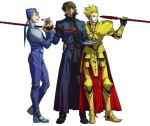  armor blonde_hair blue_hair brown_eyes brown_hair cassock cross cross_necklace earrings fate/stay_night fate_(series) gae_bolg gilgamesh hair_up jewelry kotomine_kirei lancer long_hair male mapo_doufu multiple_boys polearm ponytail red_eyes shaliva simple_background spear tileable weapon white_background 