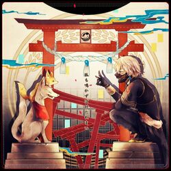  1boy black_gloves earrings fox_shadow_puppet gloves inari jewelry kuina_(escapegoat) male_focus mask nakigitsune nakigitsune&#039;s_fox short_hair squatting statue symmetry tomoe_(symbol) torii touken_ranbu 