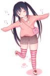  black_hair closed_eyes eyes_closed hoodie k-on! long_hair nakano_azusa outstretched_arms purse spread_arms spread_ears striped striped_legwear tateshina thighhighs twintails 