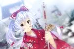  arrow blush bow floral_print fujiwara_no_mokou hair_bow hamaya highres japanese_clothes kimono long_hair ponytail red_eyes silver_hair smile snow solo touhou yuuji_(yukimimi) 