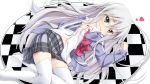  akishisu_(air_balance) blush checkered hair_in_mouth haiyore!_nyaruko-san long_hair lying navel nyarlathotep_(nyaruko-san) school_uniform solo thigh-highs thighhighs white_hair 