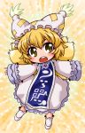  blonde_hair blush chibi dress fang fox_tail hat hat_with_ears highres long_sleeves multiple_tails open_mouth outstretched_arms short_hair solo tabard tachikawa tail touhou white_dress wide_sleeves yakumo_ran yellow_eyes 