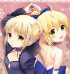  bare_shoulders blonde_hair bow dress dual_persona elbow_gloves fate/stay_night fate/unlimited_codes fate_(series) gloves green_eyes hair_bow hair_bun long_hair saber saber_alter saber_lily yellow_eyes 