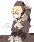  abeabe0040 bad_id blonde_hair bonnet dress fate/stay_night fate_(series) flat_color gothic_lolita hat heart heart_of_string lolita_fashion puffy_sleeves saber saber_alter simple_background solo yellow_eyes 