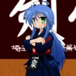  :3 blue_hair crossed_arms green_eyes hakama izumi_konata japanese_clothes kendo_armor kendo_uniform long_hair lucky_star mizushima_(p201112) solo 