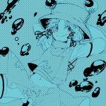  arms_behind_head arms_up blue blush bubble dithering hat iroyopon long_sleeves looking_away midriff monochrome moriya_suwako navel payot polka_dot polka_dot_background rough short_hair sketch skirt smile solo spot_color thigh-highs thighhighs touhou 