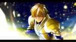  armor blonde_hair earrings fate/stay_night fate_(series) gilgamesh glowing glowing_eyes hair_down honoakari jewelry letterboxed light_particles male red_eyes solo 