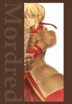  1boy abeabe0040 armor armored_dress bad_id blonde_hair character_name dress fate/stay_night fate_(series) gauntlets hair_bun hair_ribbon male mordred ribbon saber_of_red solo 