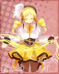 beret blonde_hair boots breasts closed_eyes corset detached_sleeves drill_hair e.f.cat eyes_closed fingerless_gloves gloves hair_ornament hat kneeling large_breasts magical_girl mahou_shoujo_madoka_magica pleated_skirt ribbon skirt smile solo taut_shirt thigh-highs thighhighs tomoe_mami vertical-striped_legwear vertical_stripes 