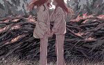  2girls amiyakinyu brown_hair closed_eyes feet_out_of_frame fire flower grass long_hair long_sleeves multiple_girls original pants profile shirt white_pants white_shirt yuri 