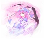  arm_ribbon blue_dress butterfly cherry_blossoms dress f_kz ghost hands_on_own_chest hat pink_eyes pink_hair saigyouji_yuyuko short_hair solo touhou tree wide_sleeves 