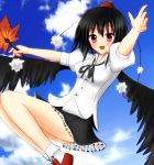  black_wings blush colored looking_at_viewer open_mouth red_eyes shameimaru_aya sky smile solo touhou wings ytae_in yuzin 