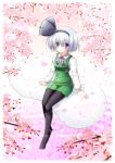  adapted_costume black_legwear blue_eyes blush breasts cherry_blossoms hair_ribbon hairband hitodama konpaku_youmu konpaku_youmu_(ghost) osashin_(osada) pantyhose petals ribbon shimamura_youmu shin_osada shirt short_hair silver_hair sitting skirt smile solo touhou 