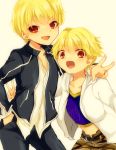  black_jacket blonde_hair child child_gilgamesh dual_persona fate/hollow_ataraxia fate/stay_night fate_(series) gilgamesh hoodie jacket male multiple_boys red_eyes shorts shougo_kota white_background young 