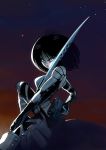  armor black_eyes black_hair breasts gally gun gunnm legs lips long_hair looking_at_viewer nighttime odenwayamete pursed_lips serious shoulder_pads sitting solo sword weapon 