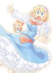  :d =_= alice_margatroid arnest blonde_hair blue_eyes bow capelet hair_bow hairband long_hair open_mouth outstretched_arms shanghai_doll short_hair smile solo touhou 