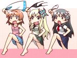  arm_up barefoot black_hair blonde_hair blush_stickers boku_wa_tomodachi_ga_sukunai brown_eyes brown_hair butterfly clothes_thief crossover fang flower green_eyes hair_flower hair_ornament hairband hime_cut holding holding_panties itou_kanae kashiwazaki_sena leg_up long_hair moja_(gibson) multiple_girls nagatsuki_sanae open_mouth panties saten_ruiko school_uniform seiyuu_connection serafuku shinryaku!_ikamusume short_hair side-tie_panties skirt tank_top theft to_aru_kagaku_no_railgun to_aru_majutsu_no_index underwear underwear_thief 