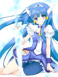  aoki_reika bike_shorts blue_eyes blue_hair blush brooch cure_beauty frills hair_tubes head_wings jewelry kannagi_kaname long_hair payot precure smile smile_precure! solo sword tiara very_long_hair weapon wrist_cuffs 