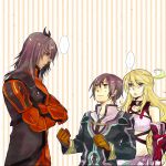  1girl 2boys aimaria34 black_hair blonde_hair brown_eyes coat crossed_arms gaias height_difference jude_mathis long_hair milla_maxwell multiple_boys nervous red_eyes surcoat tales_of_(series) tales_of_xillia yellow_background 