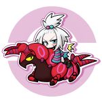  1girl aqua_eyes blush chibi hair_bobbles hair_ornament homika_(pokemon) pokemon pokemon_(game) pokemon_bw2 riding scolipede scowl short_hair sleeves_past_wrists striped topknot white_hair yanagi_(artist) yanagi_(nurikoboshi) 