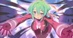  aquarion_(series) aquarion_evol blade_(lovewn) bodysuit breasts gloves green_hair open_mouth outstretched_arms purple_eyes short_hair solo uneven_eyes violet_eyes zessica_wong 
