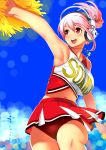  arm_up armpits blush breasts buruma cheerleader clothes_writing headphones highres jewelry large_breasts naav navel necklace nitroplus open_mouth pink_hair pom_poms ponytail red_eyes skirt solo super_sonico 