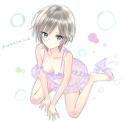  1girl anastasia_(idolmaster) aqua_eyes barefoot breasts character_name cleavage collarbone down_blouse dress idolmaster idolmaster_cinderella_girls shoes_removed short_hair silver_hair solo tsukigami_runa 