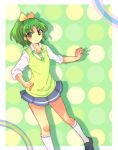  dress green_eyes green_hair long_hair midorikawa_nao necktie ponytail precure school_uniform shoes sleeves_rolled_up smile smile_precure! socks solo sweater_vest 
