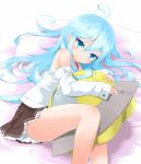  bad_id bed_sheet blue_eyes blue_hair denpa_onna_to_seishun_otoko legs long_hair pillow rupa smile solo touwa_erio ufo 