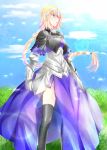  armor armored_dress black_legwear blonde_hair blue_eyes braid dress fate/apocrypha fate_(series) gauntlets headpiece jeanne_d&#039;arc_(fate/apocrypha) jeanne_d'arc_(fate/apocrypha) kurose_nao long_hair purple_eyes ruler_(fate/apocrypha) single_braid sky solo sun thigh-highs thighhighs violet_eyes 