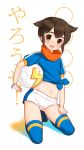  ball blue_legwear blush endou_mamoru inazuma_eleven inazuma_eleven_(series) inazuma_japan male navel open_mouth short_shorts shorts smile soccer soccer_ball soccer_uniform solo sweat thigh-highs thighhighs tied_shirt tooru 