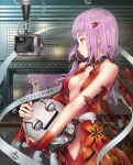  bare_shoulders breasts camera center_opening fingerless_gloves gloves guilty_crown hair_ornament hairclip hourainingyou long_hair monitor pink_eyes pink_hair profile recurring_image solo yuzuriha_inori 