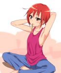  armpits casual collarbone hair_ornament hairclip hino_akane mouth_hold pants precure red_eyes red_hair redhead ribbon sch smile_precure! solo tank_top 