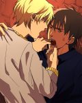  anger_vein anger_veins azuazuazu19 blonde_hair bracelet brown_eyes brown_hair collar_grab face_stretching fate/zero fate_(series) gilgamesh jewelry kotomine_kirei male multiple_boys necklace pulling_mouth red_eyes saliva 