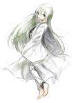  arnoul barefoot enkidu_(fate/strange_fake) fate/strange_fake fate_(series) green_eyes green_hair long_hair male robe solo trap white white_background wide_sleeves 