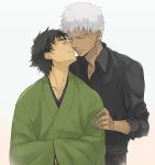  ao_(sodalite) archer black_hair dark_skin emiya_kiritsugu fate/stay_night fate_(series) japanese_clothes kimono male multiple_boys time_paradox white_background white_hair yaoi 