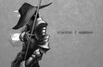  armor bad_id fate/zero fate_(series) grey grey_background greyscale hat lancer lancer_class_(fate/stay_night) male monochrome polearm solo spear title_drop weapon zhecanghai 