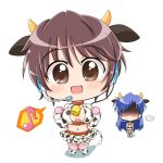  animal_ears bell bell_collar blue_hair blush breast_envy brown_eyes brown_hair chibi collar cosplay cow_bell cow_ears cow_horns cow_print cow_tail gloves headset horns idolmaster idolmaster_cinderella_girls kisaragi_chihaya midriff multiple_girls musical_note navel no_eyes oikawa_shizuku oikawa_shizuku_(cosplay) open_mouth shaded_face simple_background skirt smile spoken_musical_note tail wagomu17 white_background 