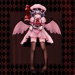  bat_wings dress dress_lift hat highres ishikkoro lavender_hair legs lift red_eyes remilia_scarlet short_hair solo thigh-highs thighhighs touhou wings 