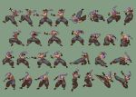  baggy_pants bandana bandanna bare_back flying_kick jyuzumaru kicking kung_fu motion_blur motion_lines pixel_art ribbon shaded_eyes solo sprite_sheet toeless_legwear tomoyuki_kotani topless vambraces yatagarasu_(game) 