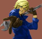  aqua_eyes baccano! blonde_hair gloves graham_spector grin itigojam11234 male oversized_object short_hair smile solo wrench 