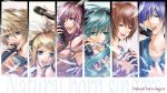  4girls aqua_eyes aqua_hair blonde_hair blue_hair bracelet brown_eyes brown_hair column_lineup hair_ornament hair_ribbon hairclip hatsune_miku highres jewelry kagamine_len kagamine_rin kaito megurine_luka meiko microphone multiple_boys multiple_girls nail_polish necklace open_mouth pink_eyes pink_hair ribbon shirano_(hiromaxi729) vocaloid 