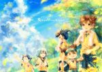  bad_id blue_eyes blue_hair blue_sky bottle brown_eyes brown_hair green_hair highres inazuma_eleven inazuma_eleven_(series) inazuma_eleven_go kageyama_hikaru kariya_masaki matsukaze_tenma multiple_boys nature nishizono_shinsuke onineko open_mouth purple_hair scenery short_hair sky smile soccer_uniform towel tsurugi_kyousuke water_bottle 